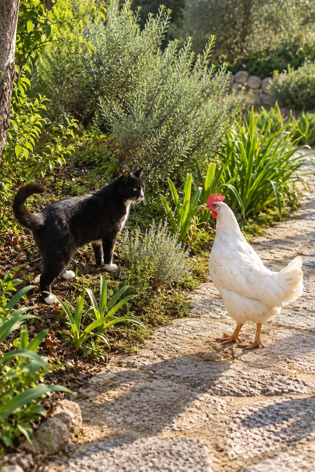 Cat and chicken in the sunny garden