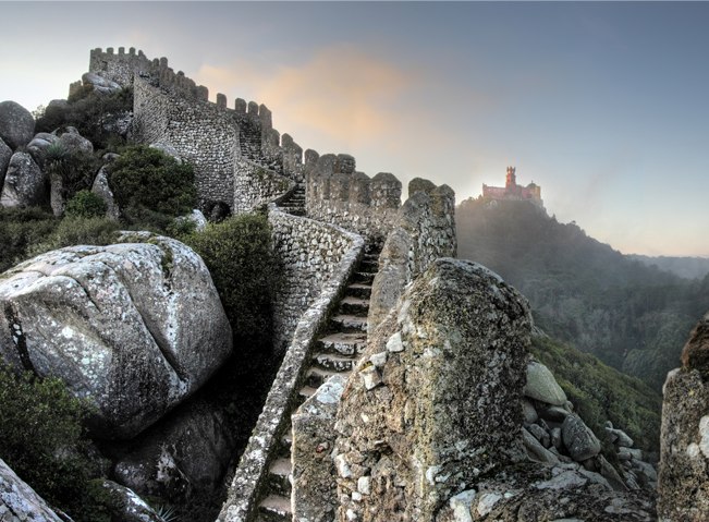 Ancient stone walls of the Castle of the Moors overlooking Sintra
