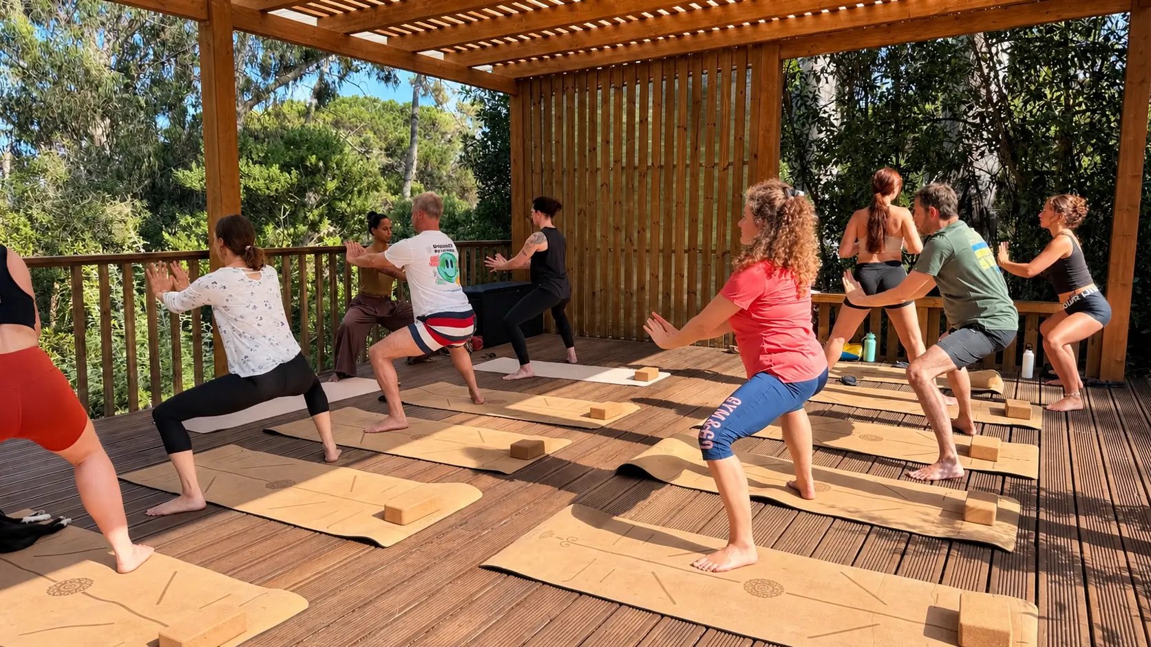 Morning yoga class under the pergola